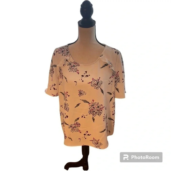 Alfani Shirt Sleeve Ruffle Detail Print Blouse Medium Flowing Style Black Pink - Picture 1 of 8